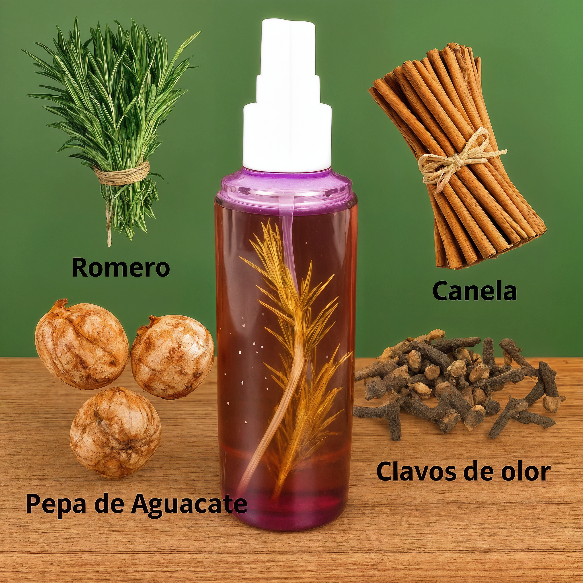 Tónico Natural para el Crecimiento del Cabello con Romero, Pepa de Aguacate, Canela y Clavos de Olor